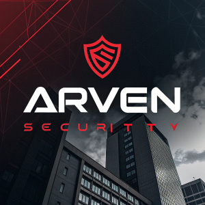 Digital artwork for Arwen Security, a firm based in Argentina. Modern logo with 'ARVEN' in a sleek, contemporary font. Dark background with red and white accents. Traditional and modern typography mix. Spanish text included. Professional and bold design.