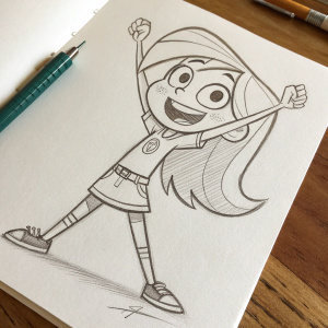 Sketch of a girl resembling Kim Possible. Long hair, big smile. Drawn on a plain white sheet of paper with simple lines.