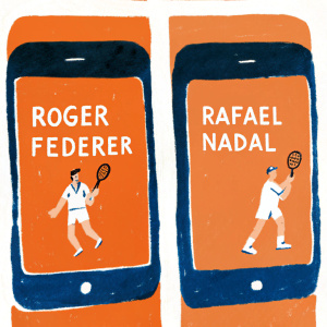 Tennis app featuring Roger Federer and Rafael Nadal. Dark interface with athlete images and clear text.