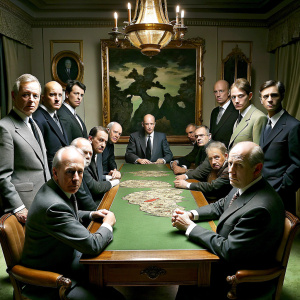 Images of angry politicians and bankers playing Risk in a luxury boardroom. The atmosphere is tense