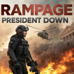 Poster for 'Rampage: President Down'. Paramilitary soldier in high-tech armor, dramatic explosions and a helicopter in the chaotic background, emphasizing intense action and urgency