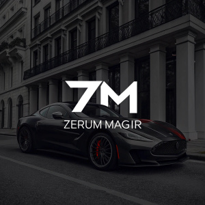 Logo design for Zerum Magtir. Dark theme, sleek black background, '7M ZERUM MAGTIR' text, bold slogan.