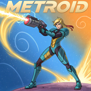 Samus Aran standing heroically, wielding her powerful arm cannon. Brightly colored cosmic background, swirling shades of blue and orange, METROID logo radiating light