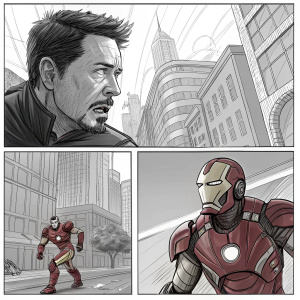 Storyboard sketches by Rodolfo Damaggio showcasing Iron Man's adventures. Each panel a snapshot of intense action and character depth, presented in a grid layout with detailed lines and shading.