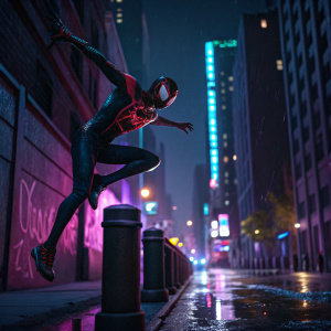 Miles Morales, spiderman character, leaping over obstacles in a dark alley. Nighttime cityscape with neon lights in the background. Digital artwork in vibrant colors.