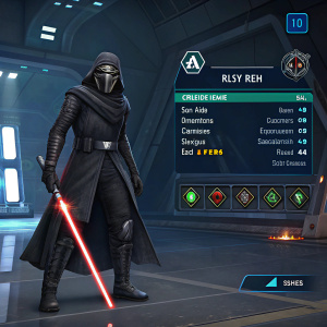 In-game screenshot from Star Wars: Galaxy of Heroes. Kylo Ren, fully equipped with gear and enhanced stats, stands ready. Futuristic interface, dark color palette