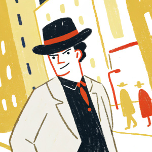 Joseph Joestar, protagonist from JoJo's Bizarre Adventure, posing confidently. Wears black fedora and slim-fitting suit. Background is a bustling city street