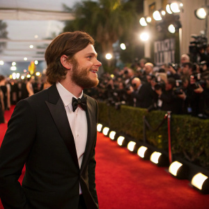 Evan Peters, bearded and with brown hair, walking on the Golden Globe red carpet. Crowd of paparazzi and guests.