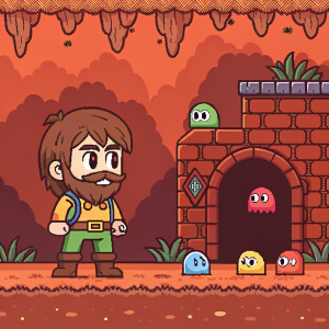 Infinite Trap: Reimagined. A pixel art game with a cartoon character having a beard and a determined look. The environment is a cave with a reddish-orange hue. The game features colorful enemies and has a retro aesthetic.