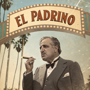 Promotional image for 'El Padrino', featuring iconic character and film title. Vintage style, weathered appearance.