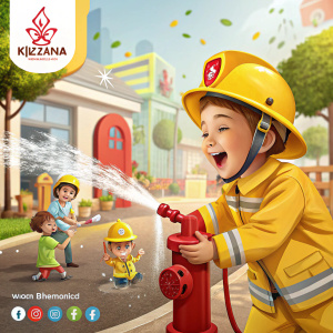 Dynamic KidZania ad featuring an excited child in bright yellow fireman gear interacting with a water-spraying hydrant. Bright colors and interactive appeal. Includes call-to-action and social media icons for easy sharing.
