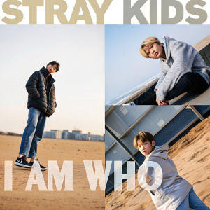 Promotional photo montage for Stray Kids album I Am WHO featuring Changbin, Seungmin, Felix, I.N, and Lee Know. Individual shots blend casual and posed expressions highlighting each member's personality.
