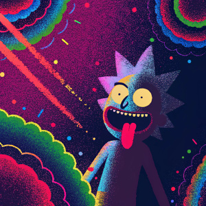 Rick Sanchez from Rick and Morty, standing out with a large mouth and long tongue, surrounded by a vibrant array of colors and abstract shapes.