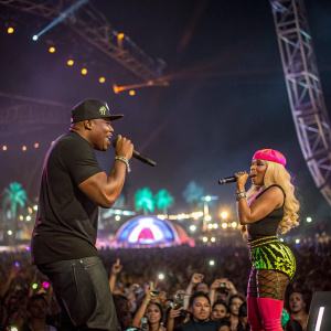 LL Cool J and Nicki Minaj performing at Coachella. Festival crowd in background, energetic atmosphere