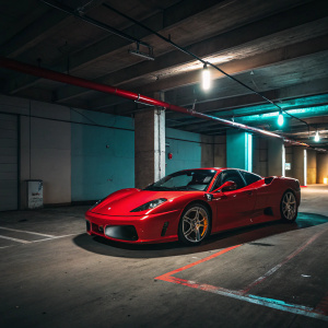 A shiny red Ferrari F430 parked in an empty garage. Neon lights cast shadows on the car's sleek design. No one around.
