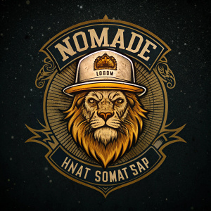 Logo de tienda de gorras, llamada "Nomade", inspirada en un León con vicera, tattoo style con calaveras, que represente un local que se dedica a vender viceras y gorras, estilo te al