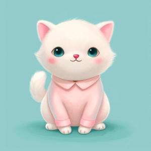 A cute little white Scottish cat with light pink cheeks. Wear pink pajamas, sit, smile.