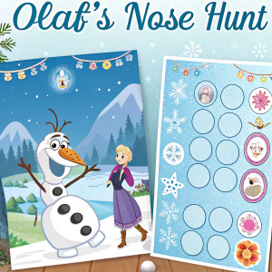 Interactive Olaf's Nose Hunt poster for a Frozen themed party. Craft kit includes oval pieces to assemble Olaf. Characters include Elsa and Olaf. Playful and colorful design.