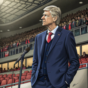 Former Arsenal manager Arsene Wenger in a formal setting. Wearing a navy blue suit with a matching tie. Standing in front of a large audience at a press conference.
