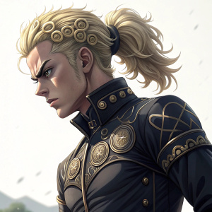 Digital art of Giorno Giovanna in a detailed black outfit, with blonde hair tied in a ponytail, frowning intensely against a bright, white background