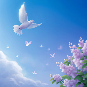 clear blue sky with lilac flowers in front with white dove silhouette