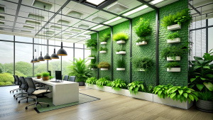 Green living wall with perennial plants in modern office. Urban gardening landscaping interior design. Fresh green vertical plant wall inside office