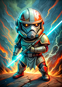  
cartoon character of   Storm Tropper of the videogame with laser sword, full body, comic ,style pop art, style, graffiti style, style watercolor, black background, ready for print t-shirt, style art fabric, nivel detail extreme

