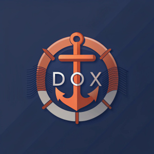Make a minimalistic DOX logo for a marine document organization, anchor, life preserver, orange and black, DOX