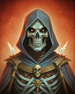 dnd style cloaked skeleton closeup in action pose