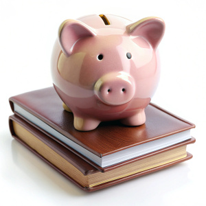 Saving account passbook, book bank and piggy bank on white background
