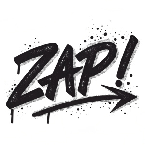 Stylized graffiti-style word 'ZAP!' in bold, dynamic, and expressive manner. Stark black color with spray-paint-like texture, rough, edgy appearance. Irregular shapes, bold strokes, and negative space. Word occupies most of the space against a plain white background.