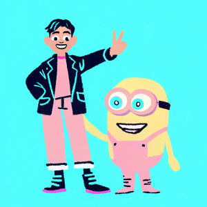 Abraham Mateo and a yellow Minion character. Happy face Minion. Both in a brightly lit studio. Abraham wearing a navy blue jacket. Background is plain white