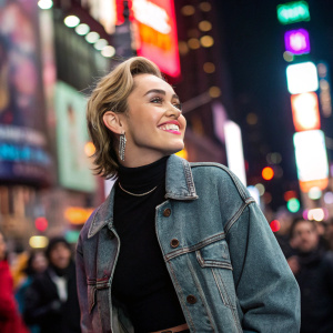 Miley Cyrus, sporting a chic denim jacket over a black turtleneck. Grinning brightly in Times Square amidst the bustling crowd and neon lights.