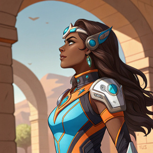 Symmetra from Overwatch, digital art. Dark skin, long brown hair, wearing futuristic attire. Illustration includes blue, orange, and metallic hues. Background showcases arches and earthy tones.