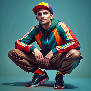 medium shot, cinematic, 4k, caucasian european young man, sitting squats, knees spread apart, feet brought together, frontal view, looking at viewer,
clean-shaven, wide smile, joyful, daring audacious, true anatomy, bald, flat beret, sport suit jacket wide joggers, derby shoes, dark gray, colorful stripes and geometric elements, intricate, high details, high contrast