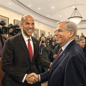 Cory Booker and Robert Menendez, both in dark suits, smiling and shaking hands at a press conference. Crowded room with multiple cameras