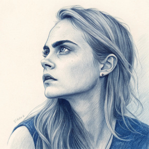 Cara Delevingne, with fair skin and pensively gazing, depicted in a graphite drawing. Blue tones add depth and emotion. Background left out to emphasize her facial expression and upper body.
