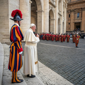 Pope Francis, in his traditional white robes and mitre, addressing a crowd. Swiss Guard, in their iconic striped uniforms, stand protectively nearby. Stone-paved courtyard, historic architecture