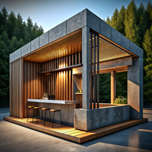 cafe made of wood and concrete,