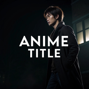 A sleek anime title card. Modern font, centered. Bold, sans-serif. White text on black background.