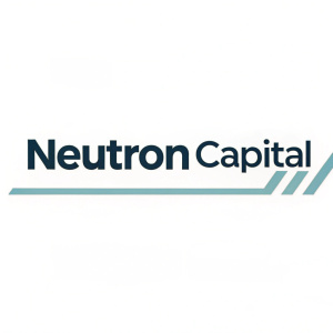 Neutron Capital logo design. Sans-serif font in dark grey, linear design element in light grey, clean and modern look.