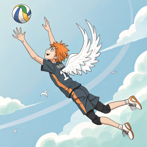 Digital artwork featuring Hinata Shoyo from Haikyuu soaring through the sky. He reaches out to catch a volleyball. Supernatural wings sprouting from his back. Eager expression, vibrant colors
