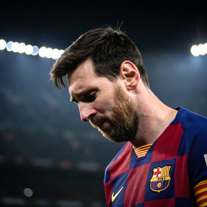 Close-up shot of Lionel Messi. He's wearing an FC Barcelona jersey, sad expression. Dimly lit stadium background.