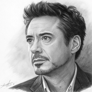 Realistic pencil sketch of Robert Downey Jr. in black and white. Signed at bottom. Close-up on face and upper body