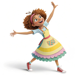 Cheerful female character, curly hair, dynamic pose with a welcoming gesture. Wearing a tiered dress and apron, in a colorful animated movie scene.