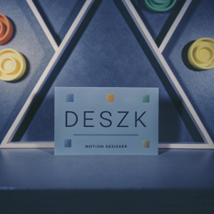 Business card for Deskz, motion designer. Modern abstract design with vibrant geometric shapes. Playful color scheme