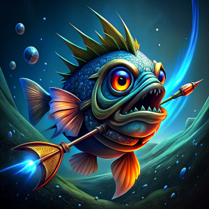 a logo of a piranha fish, coming out of a dart board, fish is angry, has eaten an arrow