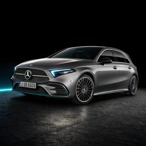 Next-gen Mercedes-Benz A-Class in sleek profile. Dark background highlights. Emphasis on advanced tech features, including AI and smart innovations. Official logo prominently displayed.