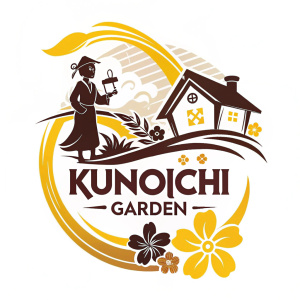 A vibrant logo for Kunoichi Garden. Modern design with dynamic, eye-catching elements. Predominantly brown and yellow hues