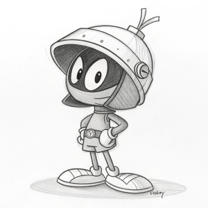 Pencil drawing of Marvin Martian. Cartoon style. Simple lines and design. White background
